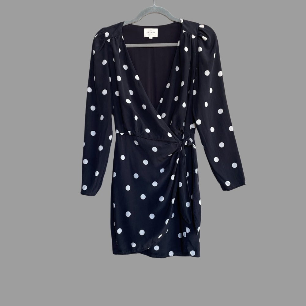 SEZANE Black & White Silk Polka Dot Long Sleeve V Neck Mini Wrap Dress - Picture 3 of 16